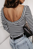 Work Elegant Striped Backless V Neck Tops