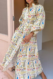 Vintage Elegant Character Print Pocket Mandarin Collar Printed Dresses