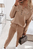 Casual Buckle Solid Color V Neck Long Sleeve Two Pieces(2 Colors)