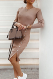 Street Solid Buckle O Neck Pencil Skirt Dresses(4 Colors)