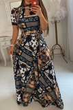 Casual Print Hollowed Out Half A Turtleneck Cake Skirt Dresses