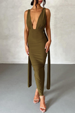 Sexy Solid Backless Slit Fold V Neck Wrapped Skirt Dresses