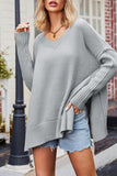 Casual Simplicity Solid Slit V Neck Tops