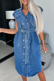 Casual Solid Patchwork With Belt Turndown Collar Sleeveless Regular Denim Dresses(3 Colors)