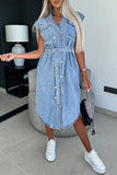 Casual Solid Patchwork With Belt Turndown Collar Sleeveless Regular Denim Dresses(3 Colors)