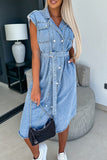 Casual Solid Patchwork With Belt Turndown Collar Sleeveless Regular Denim Dresses(3 Colors)