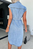 Casual Solid Patchwork With Belt Turndown Collar Sleeveless Regular Denim Dresses(3 Colors)