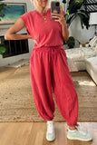 Casual Simplicity Solid Pocket Frenulum Backless O Neck Loose Jumpsuits