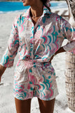 Casual Vacation Geometric Printing Turndown Collar Long Sleeve Two Pieces