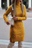 Elegant Solid Slit Weave Turtleneck Long Sleeve Dresses