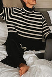 Casual Striped Slit Asymmetrical Turtleneck Tops