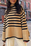 Casual Striped Slit Asymmetrical Turtleneck Tops