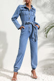 Casual Street Solid Bandage Pocket Turndown Collar Long Sleeve Regular Denim Jumpsuits