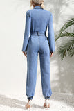 Casual Street Solid Bandage Pocket Turndown Collar Long Sleeve Regular Denim Jumpsuits