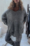 Casual Solid Tassel Pocket Weave O Neck Tops