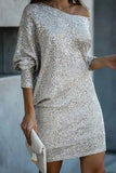 Elegant Solid Sequins Oblique Collar A Line Dresses