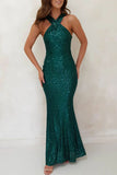 Sexy Formal Solid Sequins Backless Halter Trumpet Mermaid Dresses