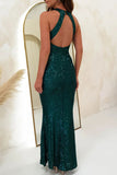 Sexy Formal Solid Sequins Backless Halter Trumpet Mermaid Dresses