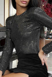 Elegant Solid Sequins Sequined O Neck Tops