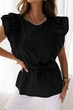 Sweet Simplicity Solid Bandage Flounce O Neck Tops