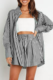 Casual Daily Striped Frenulum Turndown Collar Long Sleeve Two Pieces(4 Colors)