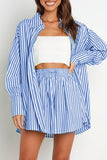 Casual Daily Striped Frenulum Turndown Collar Long Sleeve Two Pieces(4 Colors)