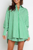 Casual Daily Striped Frenulum Turndown Collar Long Sleeve Two Pieces(4 Colors)