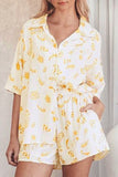 Casual Floral Pocket Turndown Collar Half Sleeve Two Pieces