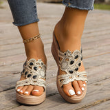 Casual Hollowed Out Patchwork Rhinestone Fish Mouth Out Door Wedges Shoes (Heel Height 3.15in)(3 Colors)