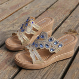 Casual Hollowed Out Patchwork Rhinestone Fish Mouth Out Door Wedges Shoes (Heel Height 3.15in)(3 Colors)