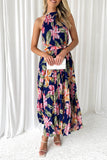 Vintage Elegant Floral Frenulum Halter Printed Dress Dresses