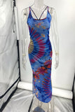 Sexy Vintage Print Tie Dye Backless Slit U Neck Sling Dress Dresses