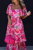 Elegant Vacation Print Flowers Flounce Square Collar A Line Dresses