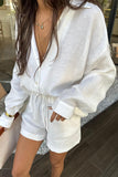 Casual Vacation Solid Draw String Pocket Turndown Collar Long Sleeve Two Pieces