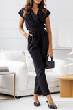 Casual British Style Solid Bandage Pocket V Neck Regular Jumpsuits(4 Colors)