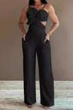 Sexy Solid Hollowed Out Pocket Flowers Regular Jumpsuits