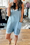 Casual Daily Solid Color Pocket U Neck Sleeveless Loose Denim Jumpsuits