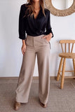 Casual Daily Solid Color Pocket Buttons V Neck Long Sleeve Two Pieces