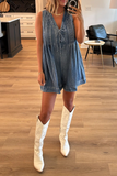 Casual Street Pocket Lace Up V Neck Sleeveless Loose Denim Jumpsuits