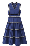 Elegant Solid Color Fringed Trim Patchwork V Neck Sleeveless Dresses