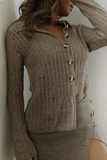 Casual Solid Color Hollow Out Distressed Buttons Turndown Collar Sweaters