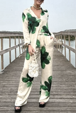 Casual Flowers Print Pocket Turndown Collar Long Sleeve Two Pieces