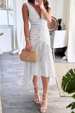 Casual Striped Print Lace Up Ruched V Neck Waist Skirt Dresses