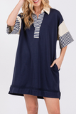 Casual Stripe Pocket Patchwork Turndown Collar Short Sleeve Short Sleeve Dress(5 Colors)