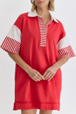 Casual Stripe Pocket Patchwork Turndown Collar Short Sleeve Short Sleeve Dress(5 Colors)