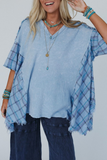 Casual Plaid Distressed Patchwork Contrast V Neck T-Shirts