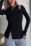 Casual Solid Color Buttons Irregular O Neck Tops