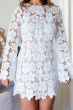 Sexy Hook Flower Hollow Out Backless Flowers O Neck Long Sleeve Dresses