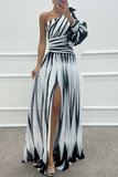 Sexy Prom Striped Print Slit Irregular Sloping Shoulder Evening Dresses(4 Colors)