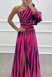 Sexy Prom Striped Print Slit Irregular Sloping Shoulder Evening Dresses(4 Colors)